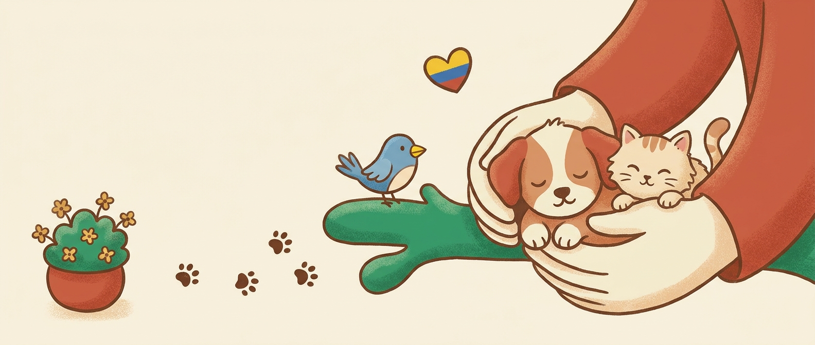 Manos cuidando con cariño a un perrito y un gatito rescatados