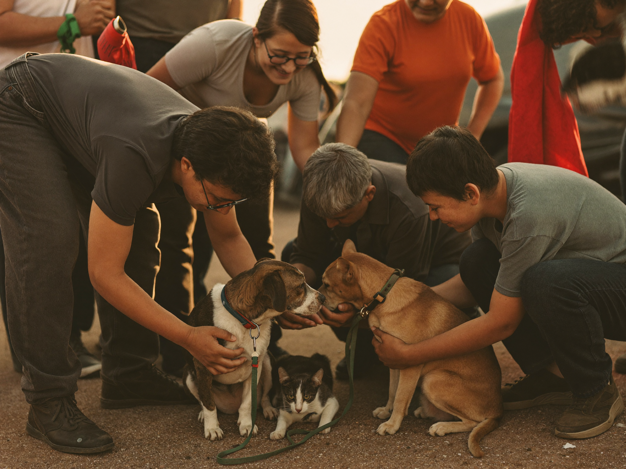 Vecinos y rescatistas cuidando juntos a perros y un gato rescatados tras el terremoto